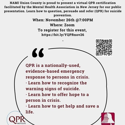 NAMI Union County and Mental Health Association in New Jersey Presents QPR Suicide Prevention Gatekeeper Training